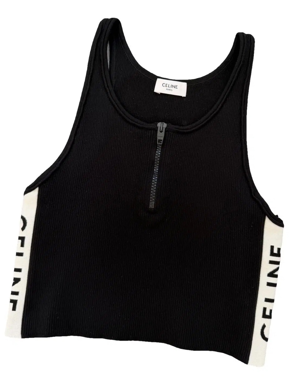 Celine Black Ribbed Tank with White Logo Side Panels